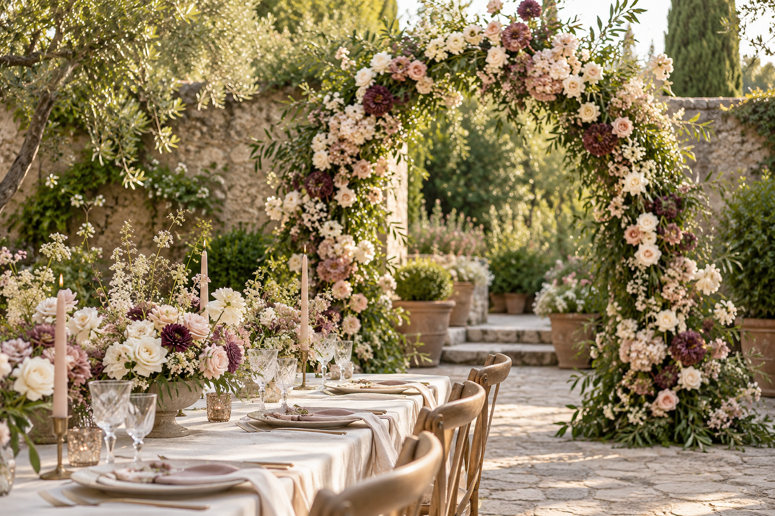 Propuesta floral ilustrativa para una ceremonia y una mesa de boda