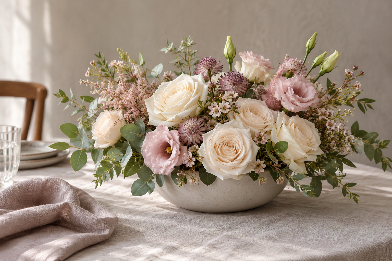 Centro floral ilustrativo en tonos crema y rosa suave