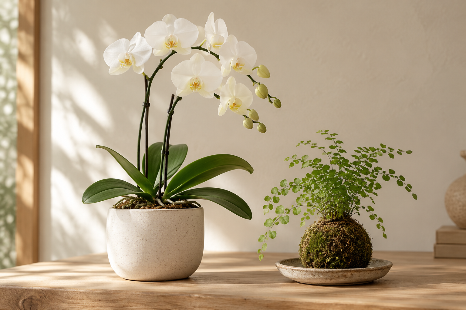 Orquídea blanca y kokedama en una composición ilustrativa de plantas