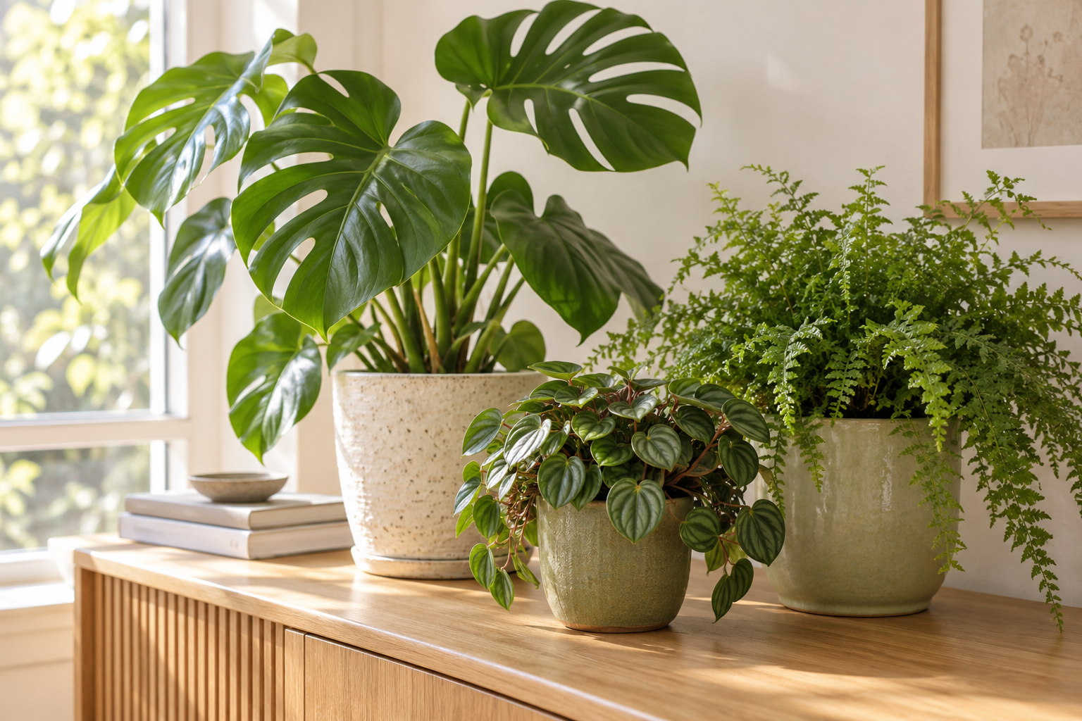 Selección ilustrativa de plantas de interior en macetas de cerámica