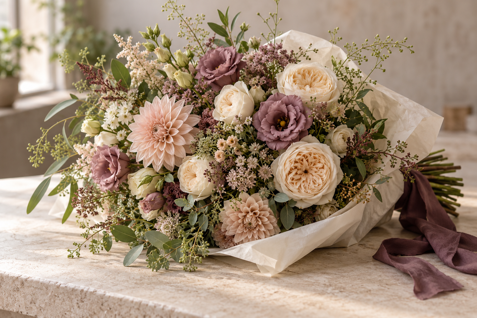 Composición ilustrativa de un ramo de flores en tonos crema, malva y verde